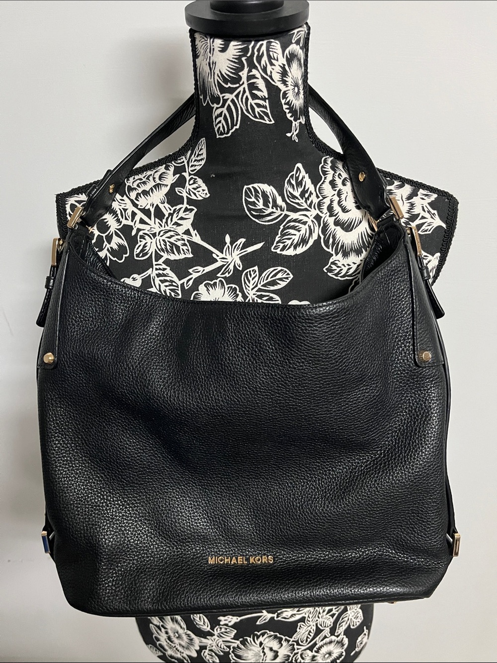 Michael Kors Black Pebbled Leather Hobo Shoulder Bag with Gold Hardware